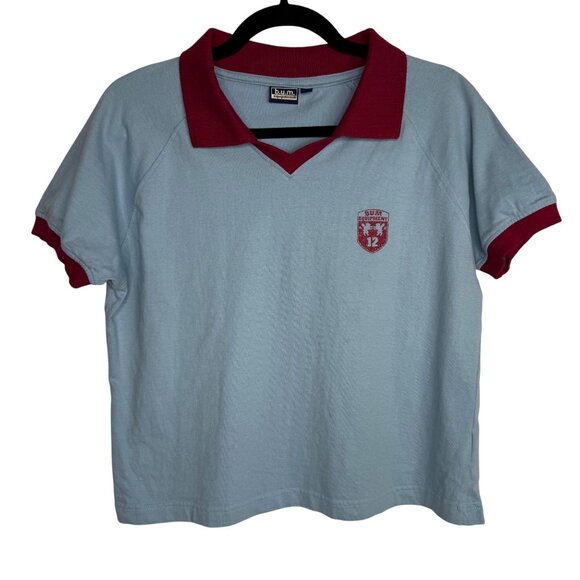 Vintage Preppy Aesthetic B.U.M. Equipment Blue Polo Shirt With Red Collar & Trim - Picture 1 of 7